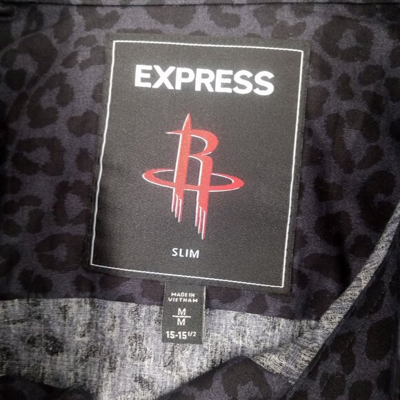 Express Mens Black Houston Rockets Slim Dress Shirt Size M 15" 15.5" Leopard - Picture 12 of 16